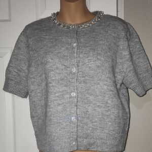Joie Gray Women's Cardigan with Beaded Neckline